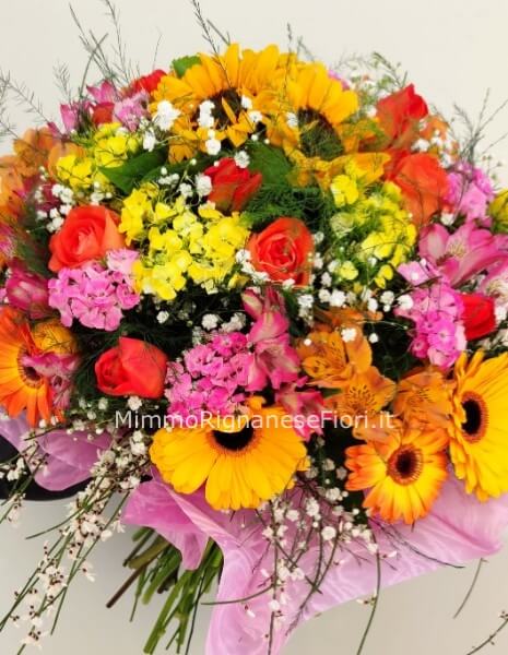 Bouquet fiori misti colorato,rosa, fuxia, giallo, arancio.